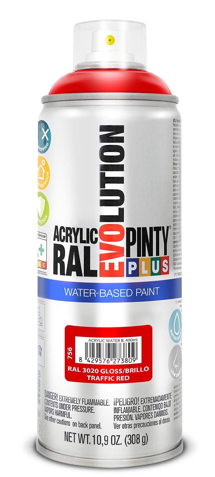 PINTYPLUS WATER BASED PINTYPLUS Evolution Water Based 520cc RAL 3020 Traffic Red Spray Paint 65mm