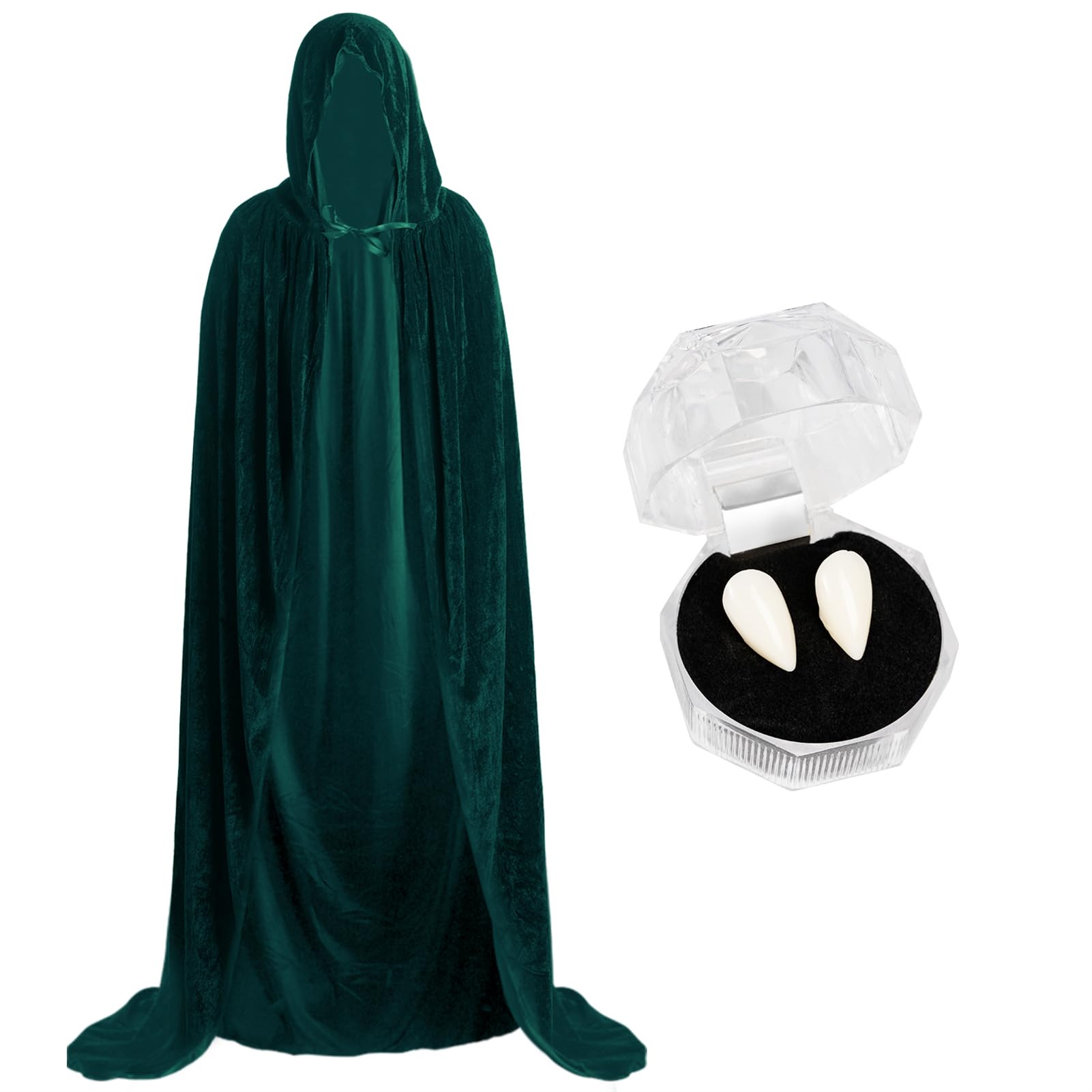 jerbroVampire Cloak Cape with Hood and Vampire Teeth for Women Men Halloween Adult Costume Cosplay Dress Up Accessories