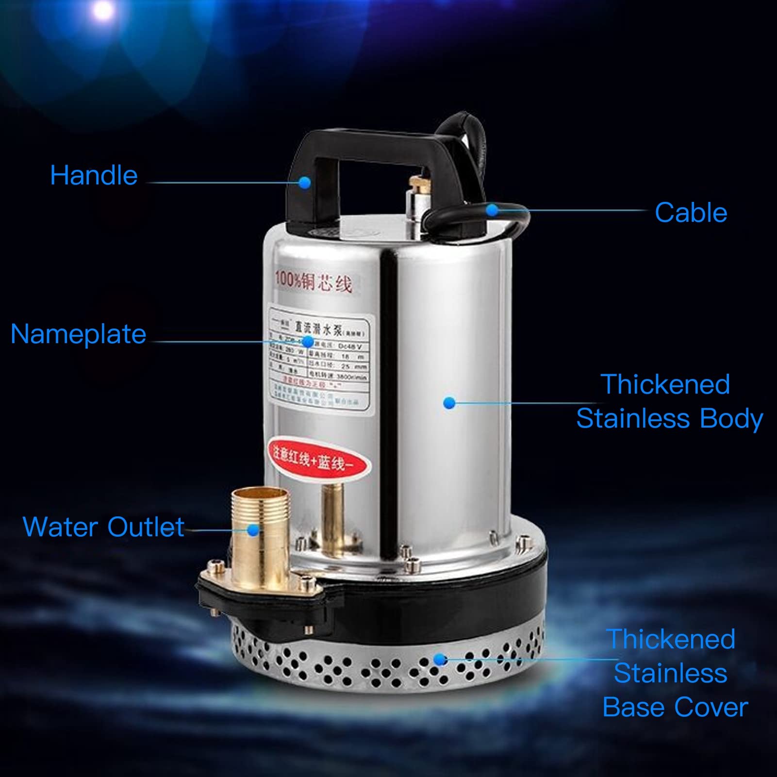 Bomba sumergible solar 500W Bomba de agua de pozo profundo de cabeza alta DC24V Acero inoxidable Motor de alambre de cobre para estanque Piscina Drenaje de riego
