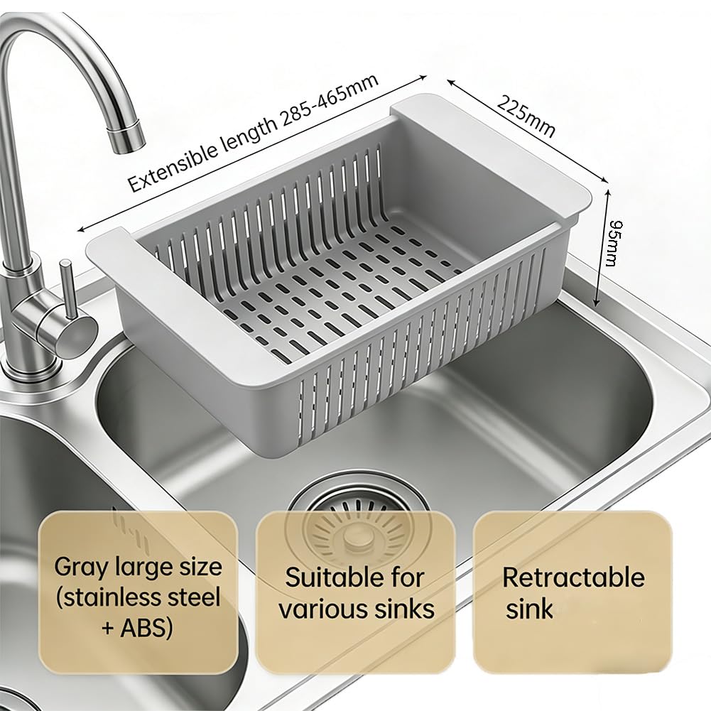 Escurridor extensible de acero inoxidable para fregadero de cocina, ideal para lavar y escurrir frutas y veterinarios, ahorro de espacio y diseño
