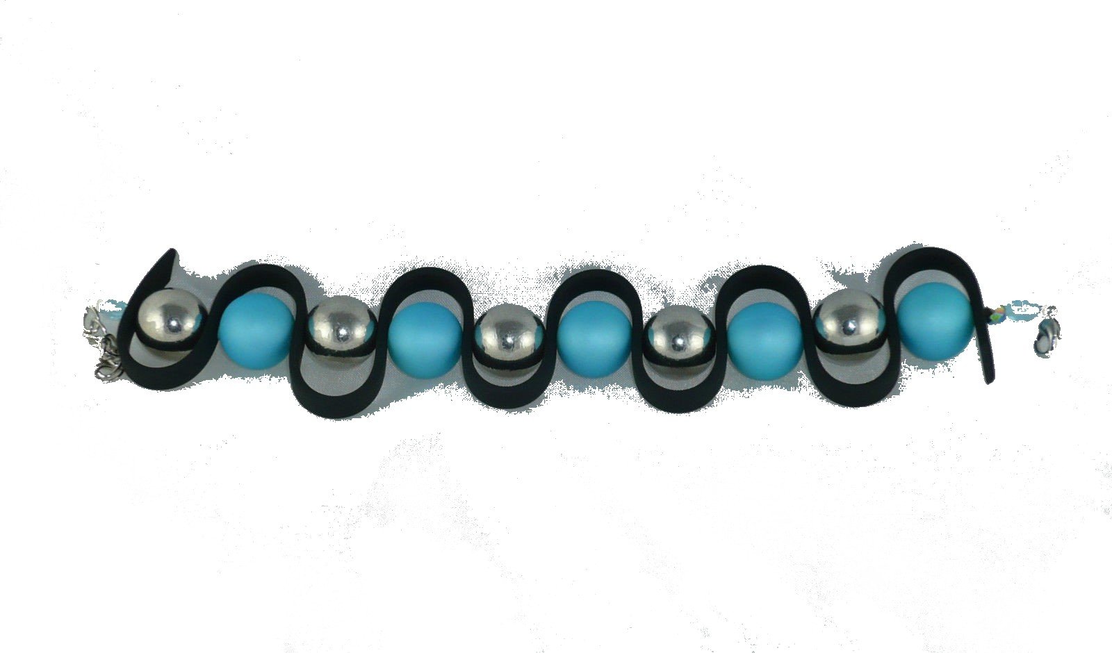 Zigzag Turquoise, Silver and Black No. 1. Fashion Jewellery. Bracelet In Silicone And Resin.