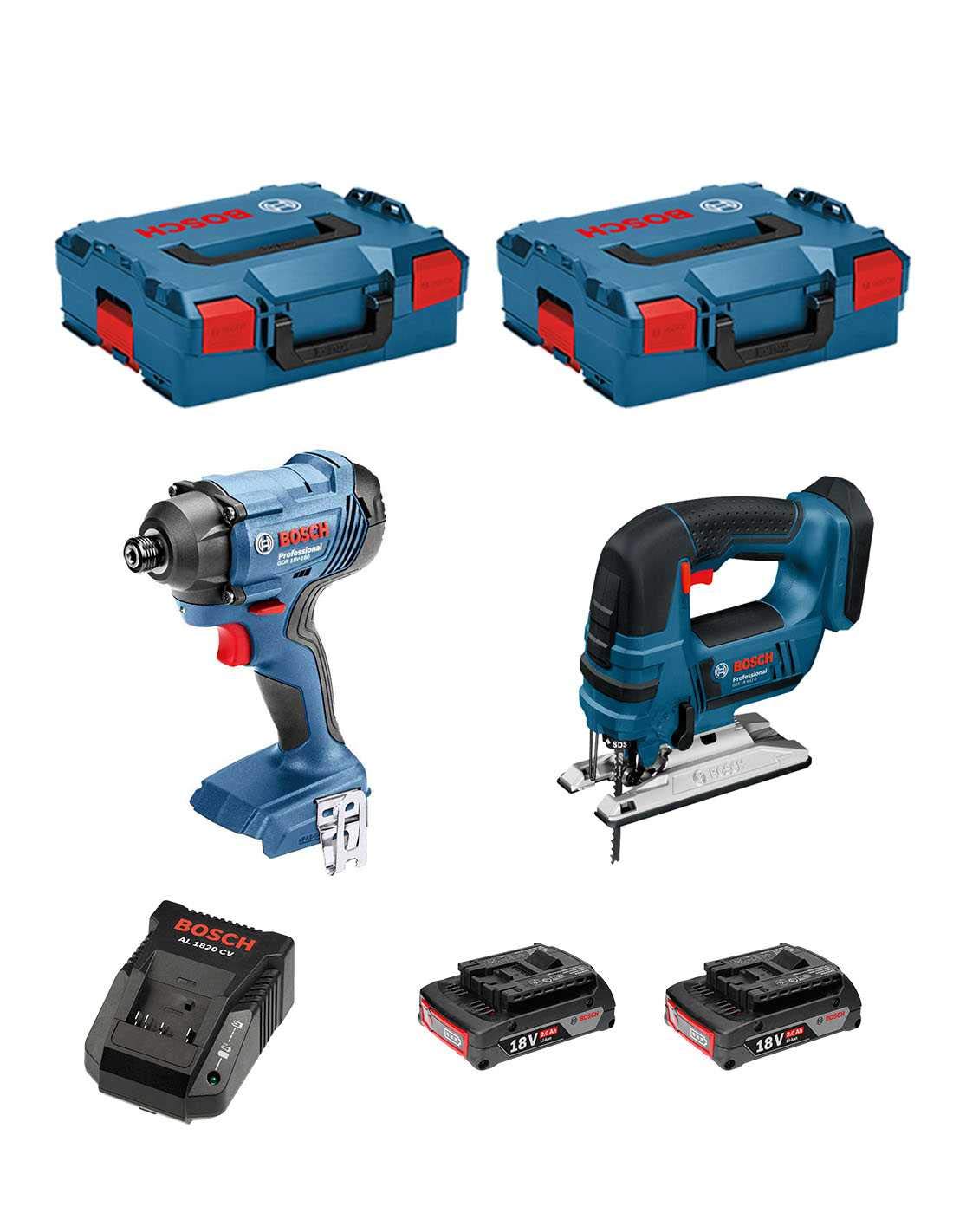 BOSCH Kit 18V BSK182D2B (Atornillador de Impacto GDR 18V-160 + Sierra de Calar GST 18V-LI B + 2 Baterías de 2,0 Ah + Cargador + 2 x L-Boxx 136)