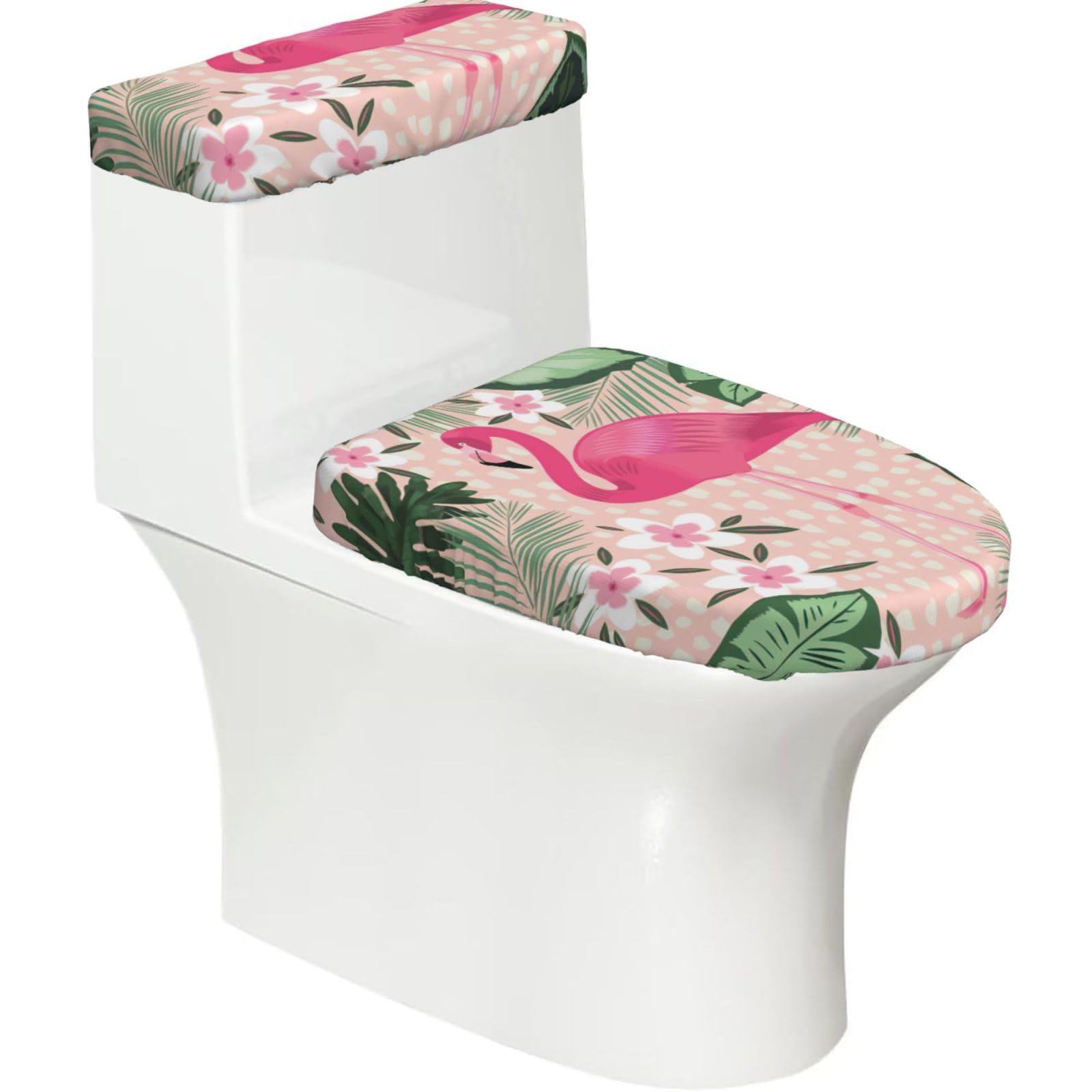 Flamingo Print Bathroom Decor Toilet Lid Cover And Tank Covers, Restroom Accessories Fits Most Round