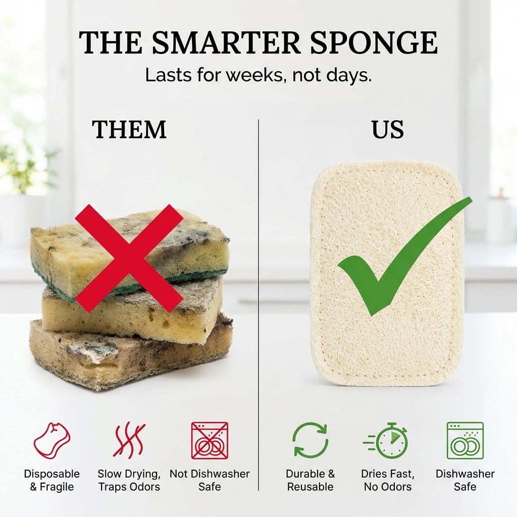 Truly Free Esponjas de limpieza naturales, 100 % orgánicas, esponja compostable a base de plantas, limpia fregadero, lechada y azulejos, estropajo antiarañazos – 4.4 x 2.8 pulgadas, paquete de 3