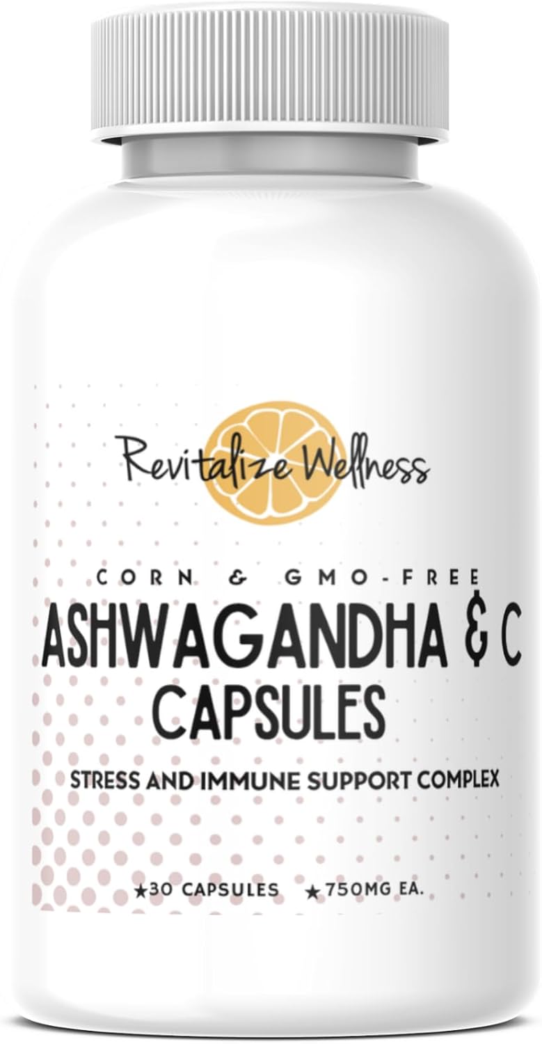 Ashwagandha + Vitamin C Capsules | Stress and Immune Support Complex | with 550 mg Ashwagandha and 200 mg Vitamin C per Serving | 30 Servings