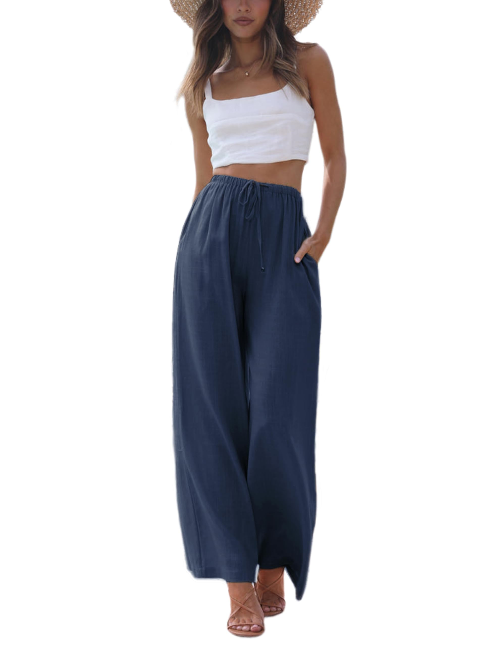 FaleaveWomen's Cotton Linen Summer Palazzo Pants Flowy Wide Leg Beach Trousers with Pockets