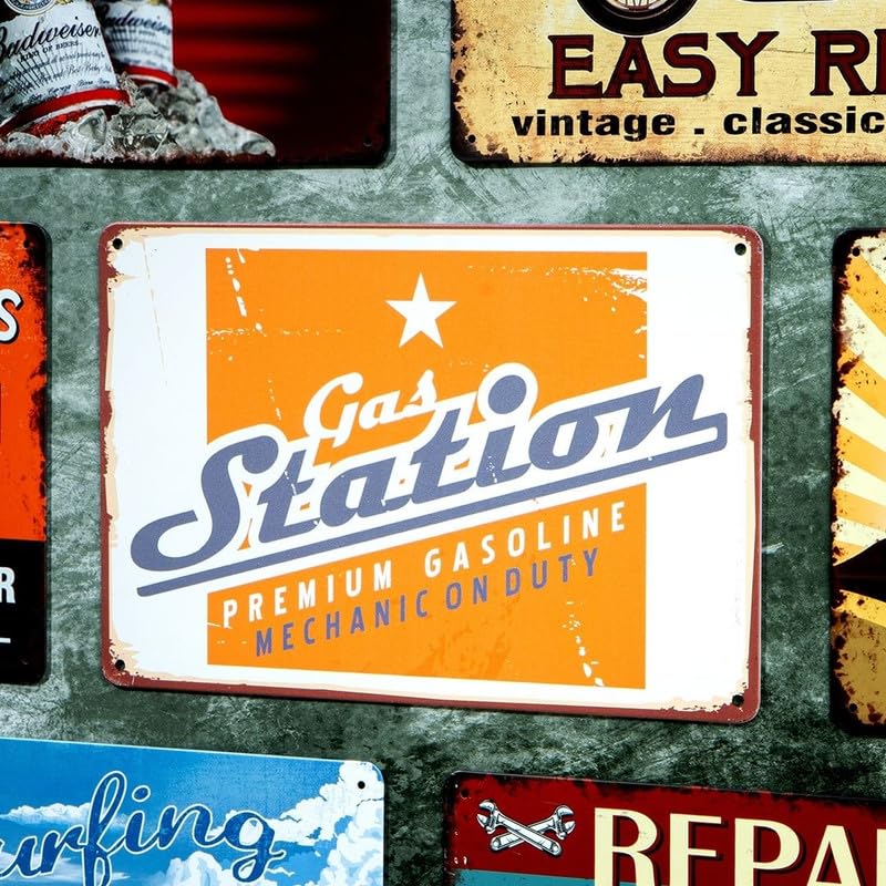Image of Eazywagon Decorative Retro Metal Signs Wall Plate - 12x8 Inch (Gas Station) | Weatherproof Vintage Metal Sign Plate for Cafe, Home, Bar, Garage | Decorative Wall Hanging Sign Board