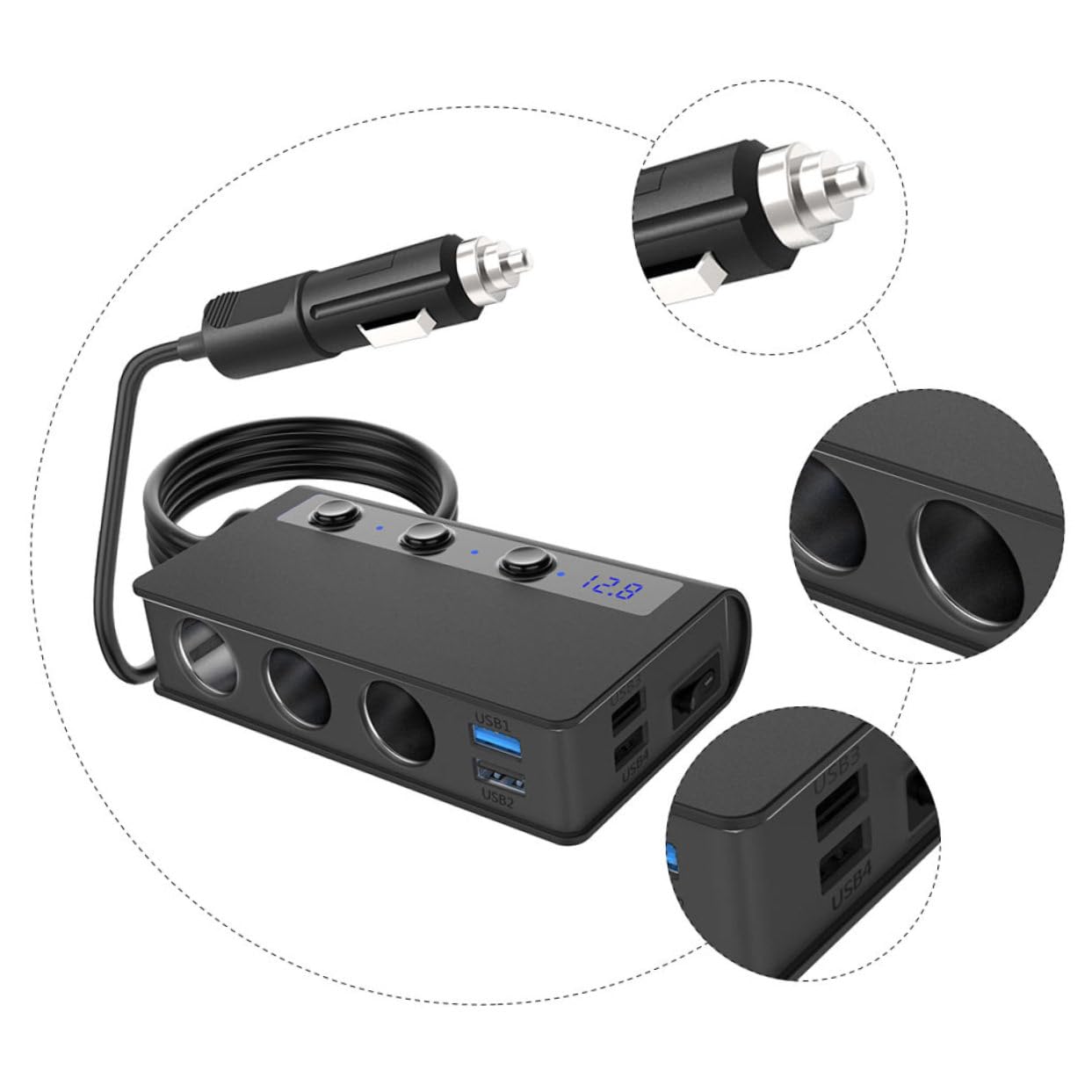 Gadpiparty Adattatore Splitter Caricabatteria da Auto 180w, 4 Porte Usb, Presa Accendisigari Interruttore Indipendente per Ricarica in Auto