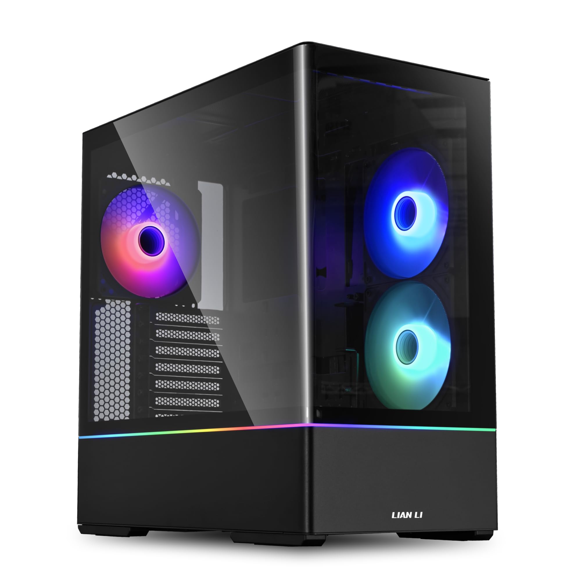 Lian Li CG237 RGB ATX Mid-Tower PC Case, front-side view with internal components and RGB lighting