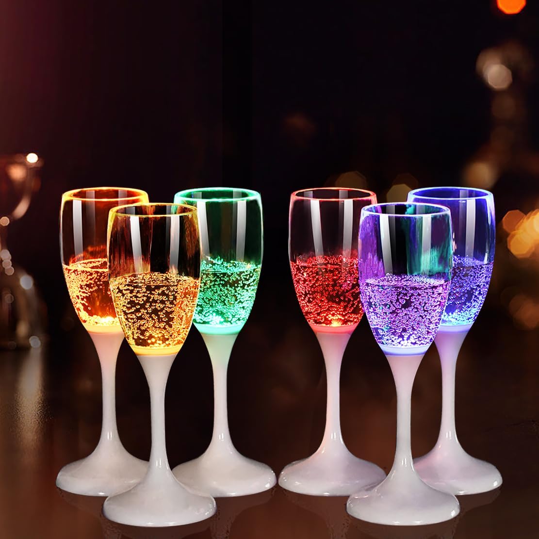 FAMI LED Wine Champagne Flute Glasses, (Set of 6 Multi-Color) Water Liquid Activated Flashing Light Up Cup Blinking Cocktail Whisky Drinkware Glow Mugs for Wedding Christmas Party Gifts