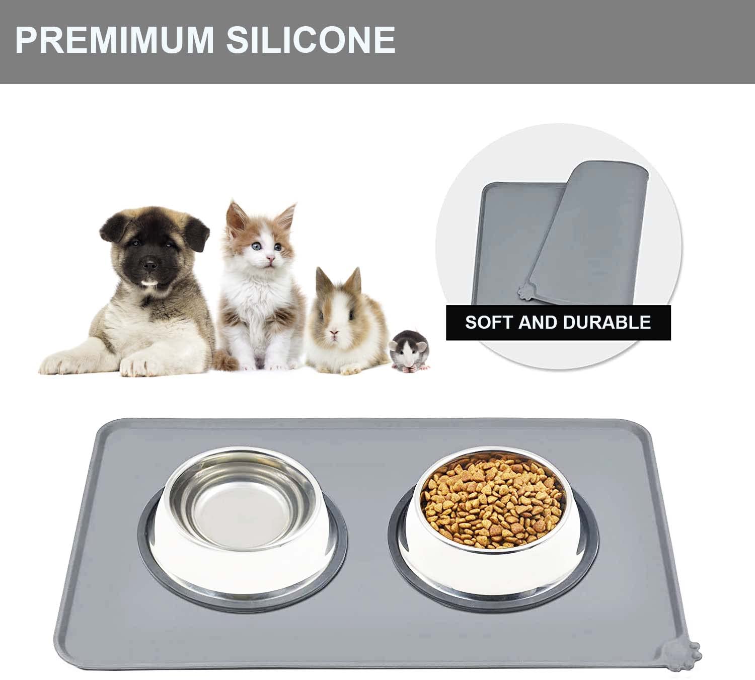 Tapis d'alimentation en silicone imperméable pour chien et chat - 48 x 30,5 cm - Gris