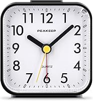 Peakeep Silent No-Tick Analog Travel Alarm Clock - Battery Operated, Lighted Snooze, Gentle Ascending Beep Wake, Compact Black (3.25")