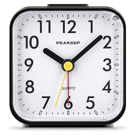 Peakeep Small Battery Operated Analog Travel Alarm Clock Silent No Ticking, Lighted on Demand and 2