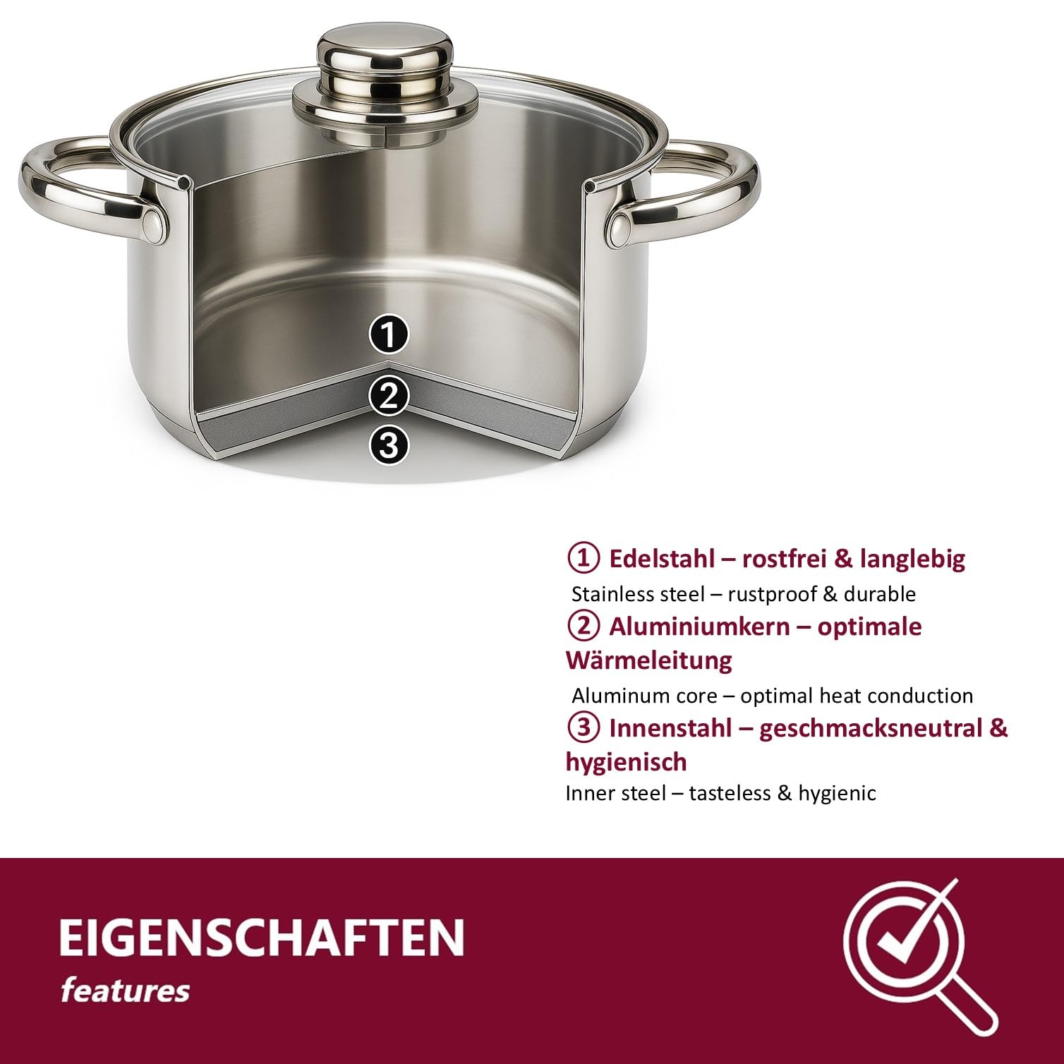 Edelstahl Topfset 12-teilig mit Glasdeckeln, induktionsgeeignet – stapelbares Kochtopf-Set mit Kapselboden für alle Herdarten, kleine Küchen, WG & Camping