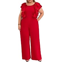 VERWIN Plus Size Ruffle Women's Jumpsuit Plain Full Length Romper Sleeveless Patchwork Overlay Jumpsuit with Pockets