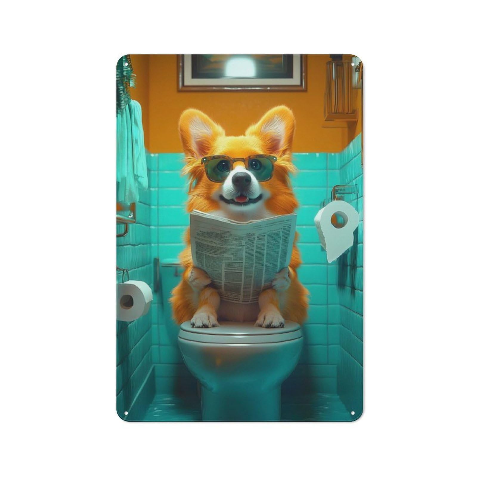 Retro Retro Metal Sign 30x20cm Featuring Corgi Reading on Toilet, Old Style Wall Plaque for Lounge, Study, Pub Or Wall Gallery