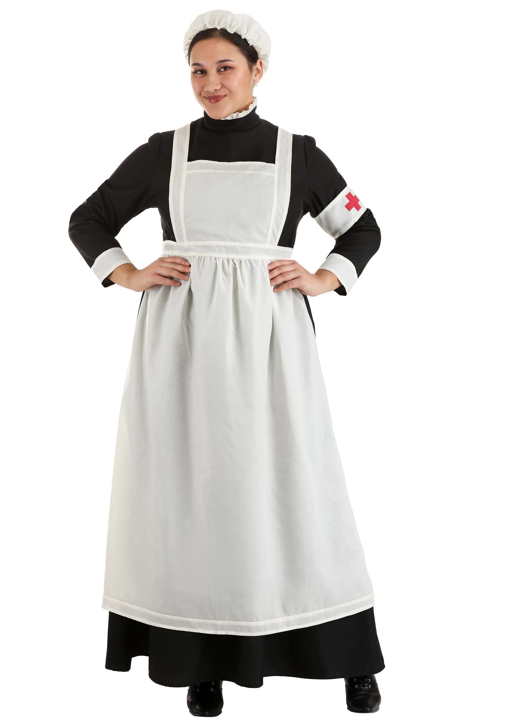 Womens Plus Size 19th Century Nurse Costume, Polyester Poplin Uniform Dress With Hat For Halloween And Cosplay