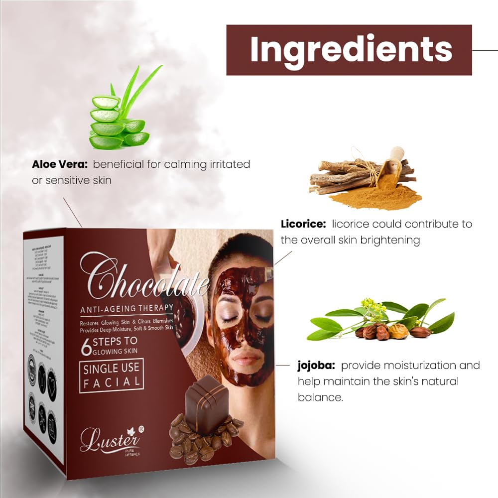 Luster Chocolate Facial kit | Enriched with Cocoa Extracts | 6 Step Facial Kit | Single Use Mini Facial Kit | Helps Smooth & Soft | Facial Kit for Women & Men | Paraben & Sulfate Free-40g 1