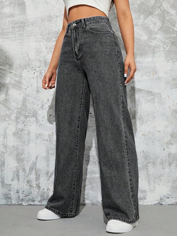 Image of DEELMO Women's High Waist Wide Leg Denim Jeans for Women | Straight Fit Full Length Casual Wear Pants