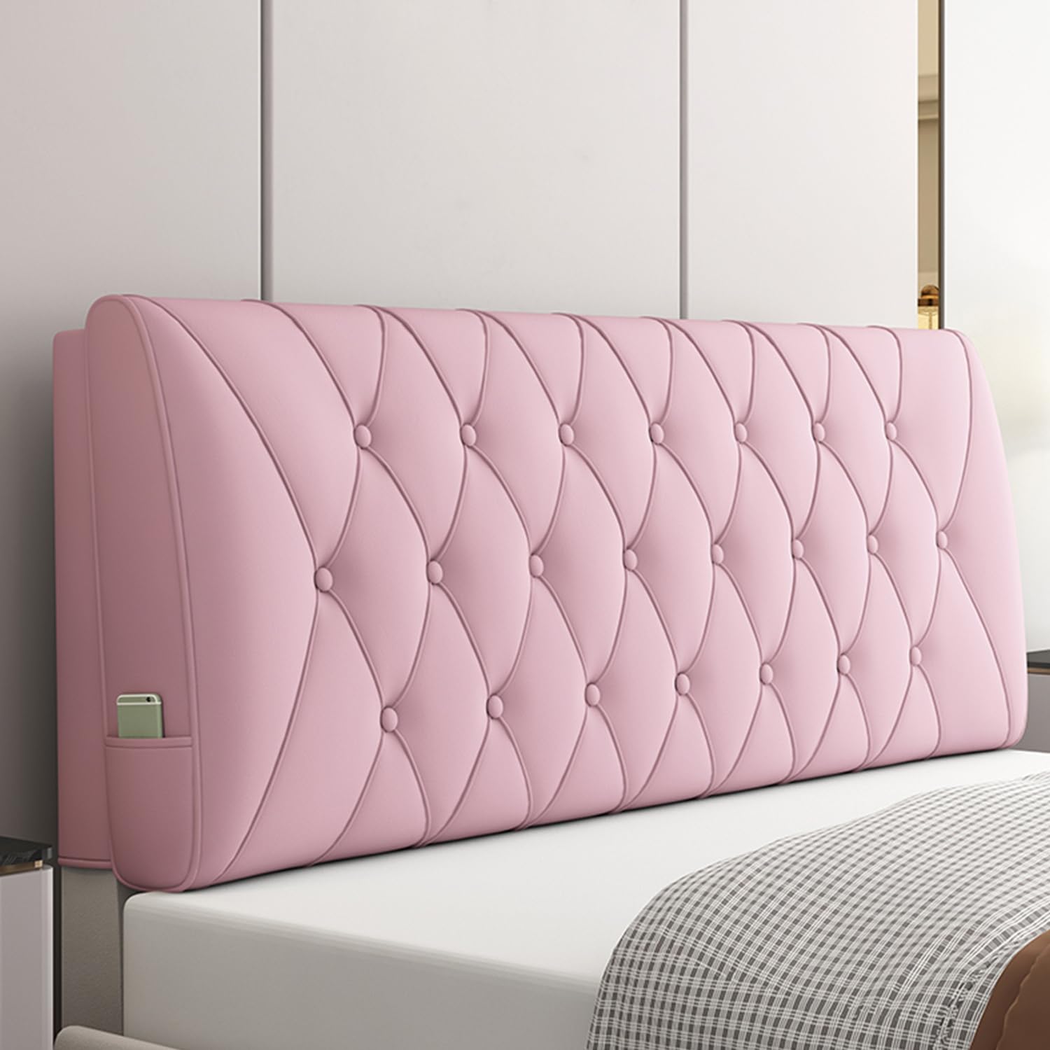 Bedside Cushion Large Bed Backrest Faux Leather Headboard Pillow Lumbar Support Upholstered Reading Pillow Removable Daybed Bunk Bed Bolster,Pink,Straps/59x23x4In