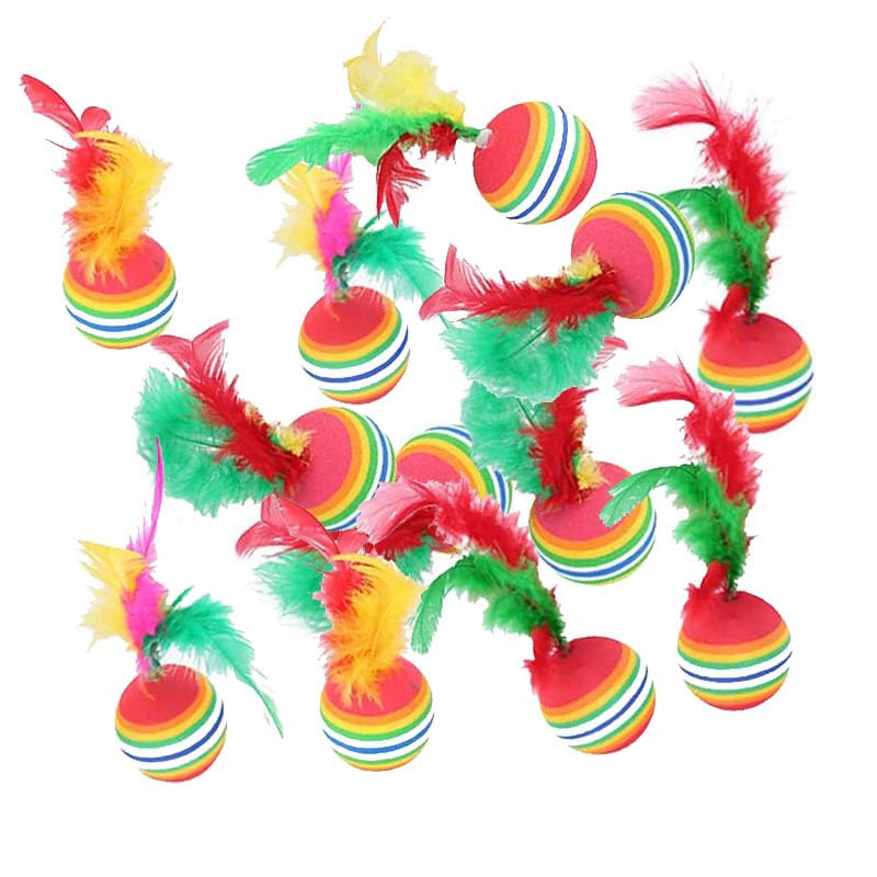 12Pcs Rainbow Cat Toy Balls Soft EVA Foam Interactive Toys with Feather Cat Toy,Cat Balls with Feather,Pet Cat Latex Foam Ball with Feather Toy for Dogs Cats Puppy Indoor Outdoor Playing Training