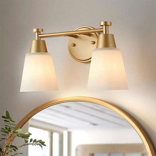 SANKERFAN - 2 luces de tocador de baño, lámpara de pared dorada con vidrio esmerilado, accesorios de iluminación sobre espejo de baño para sala de