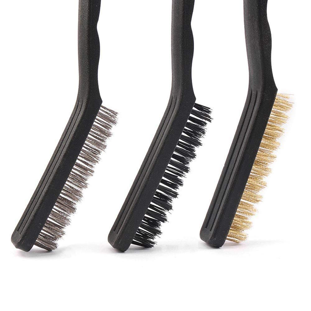 AASONS Wire Brush Assorted Set of 3, Brass/Nylon/Stainless Steel Bristles Household Cleaning Brush for Stove Burner Tiles Taps, PVC Handle, Angled Head to Reach Difficult Spaces (Big)
