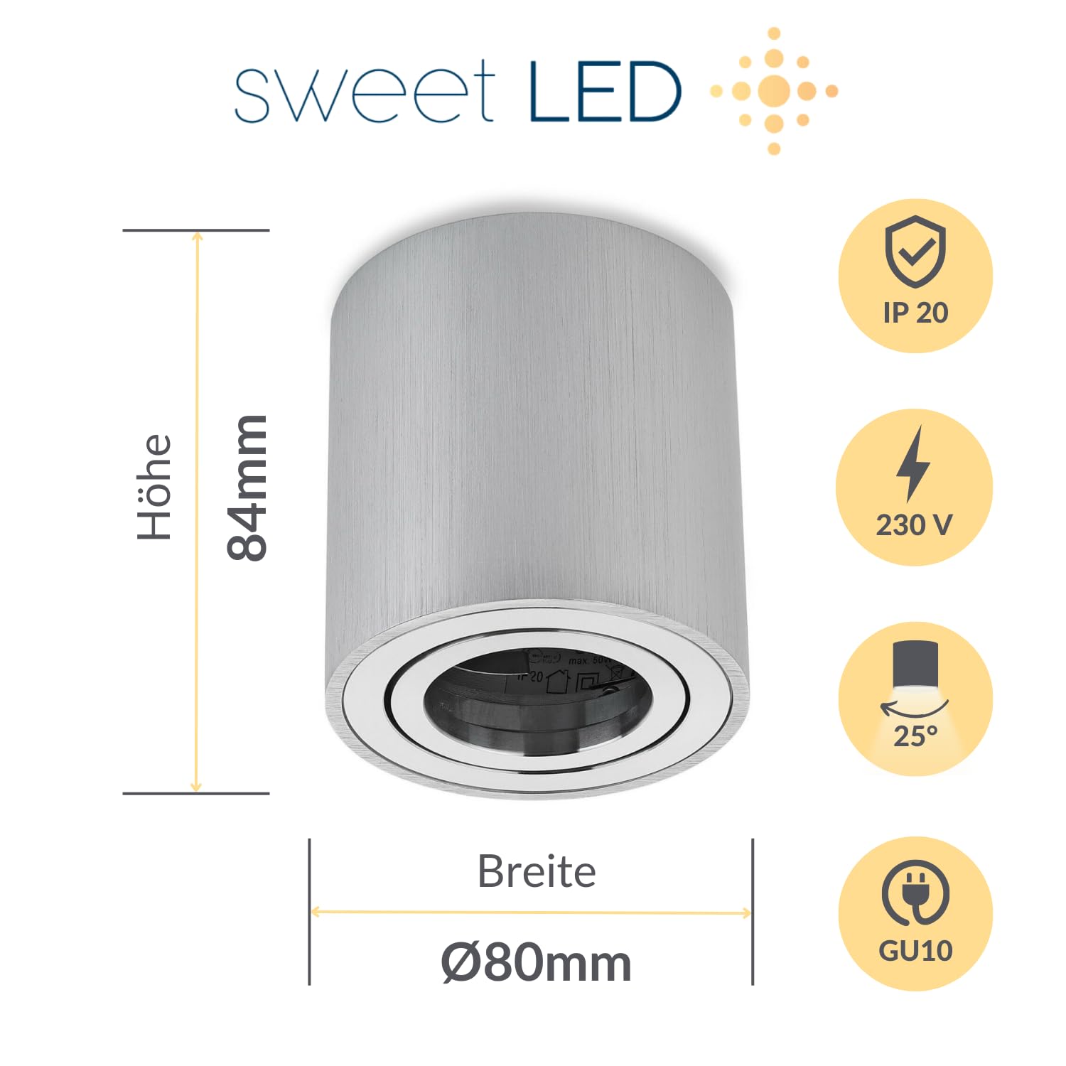 Sweet LED 4x marco de superficie de aluminio - foco de superficie IP20 orientable con casquillo GU10, 230V - focos de superficie redondos - 80x84mm, plateado