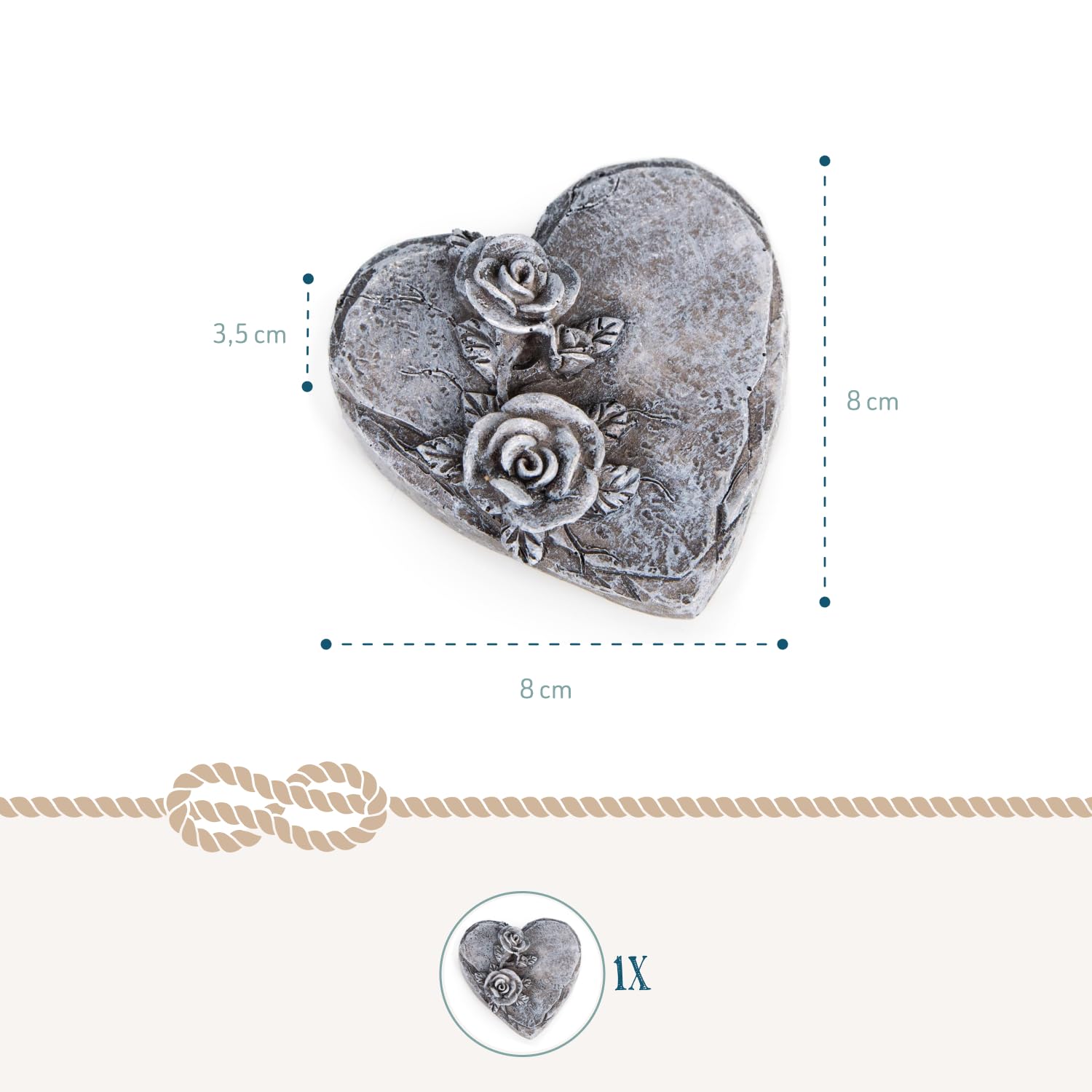 Cuore per tomba con rose piccolo: decorazione per cimitero resistente alle intemperie, cuore commemorativo per tomba e urna, pietra ricordo con rosa, decorazioni funerarie per Ognissanti, 8 x 8 cm