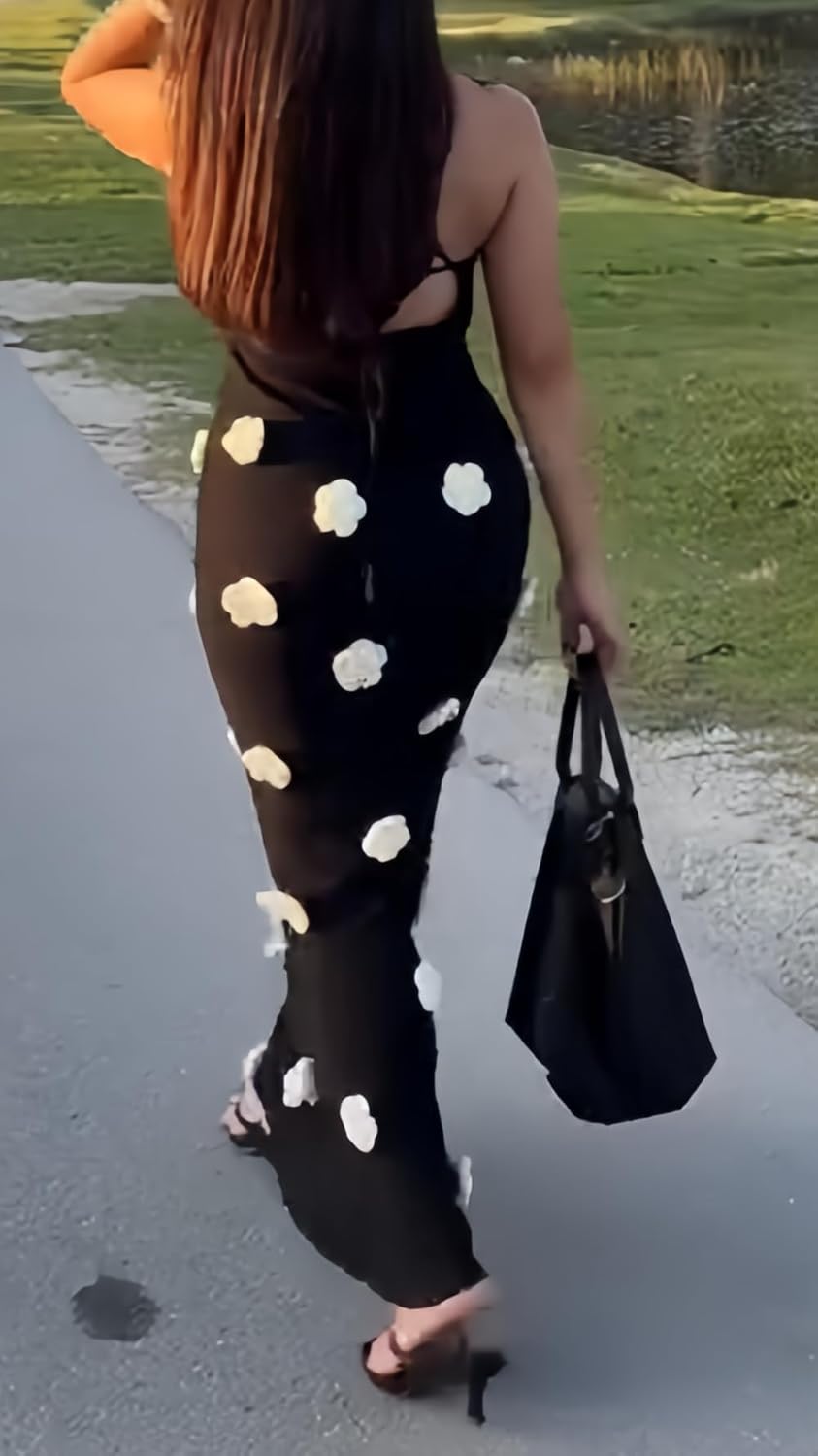 Women's Knit Maxi Dress Spaghetti Strap Floral Dresses Bodycon Knitted Beach Long Dress Backless Swim Cover up Dresses - Image 4