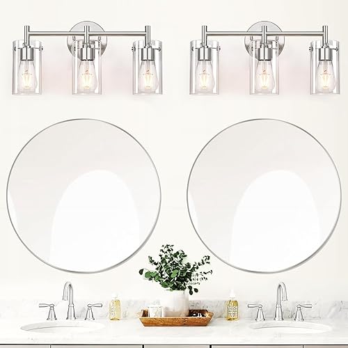 Miniatura 4 de Lámparas de baño, 3 luces de níquel cepillado, luces de baño sobre espejo con pantalla de vidrio transparente, apliques de pared de baño para