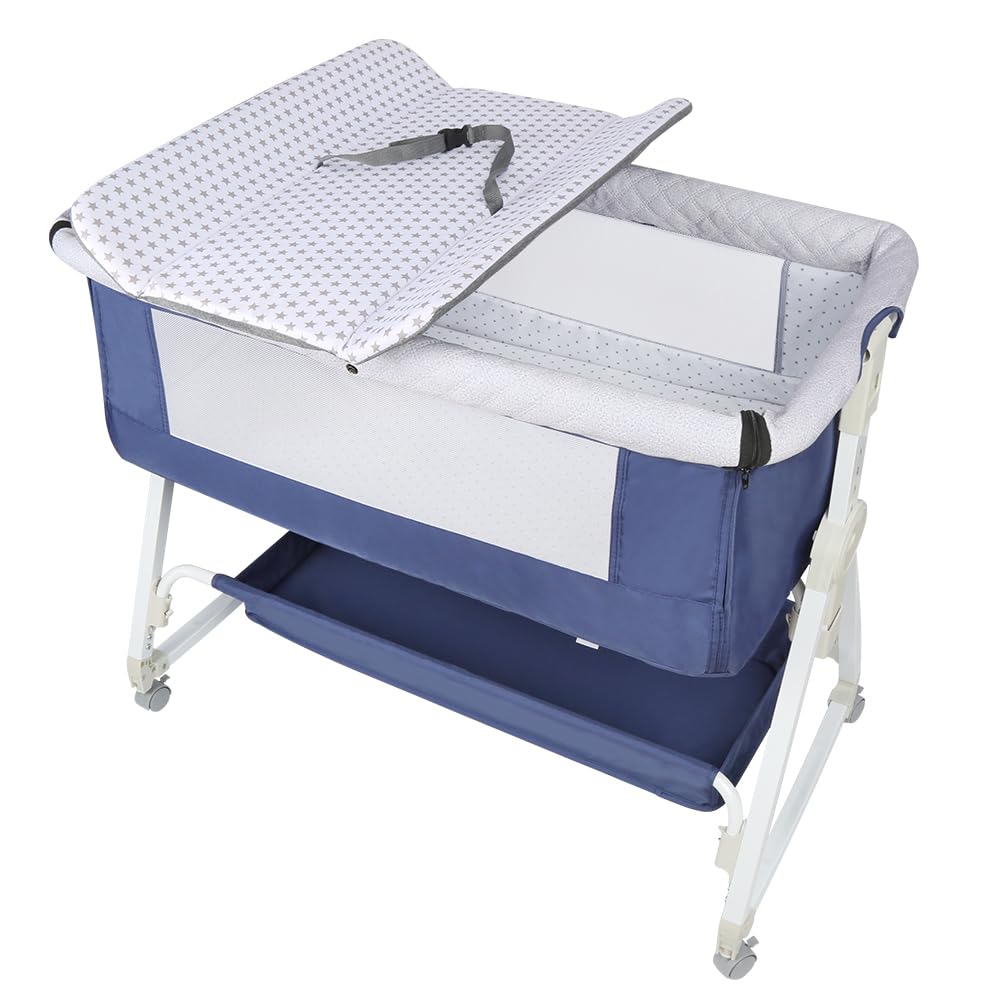 homewell 2 en 1 Lit Cododo Bebe Pliable, Berceau Cododo 0-30 Mois, 6 Réglages de Hauteur, Berceau bébé Mobile Lit d'Appoint, Grand Panier, Apportez UNE moustiquaire (Bleu Marine, 95 * 50*(98-110) cm)