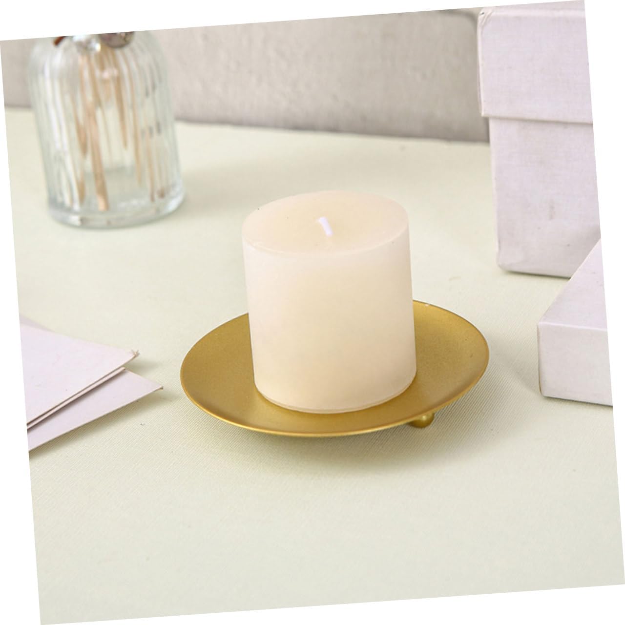 Candle Holder Plate Metal Gold Pillar Set of 3 for Wedding Decorations
