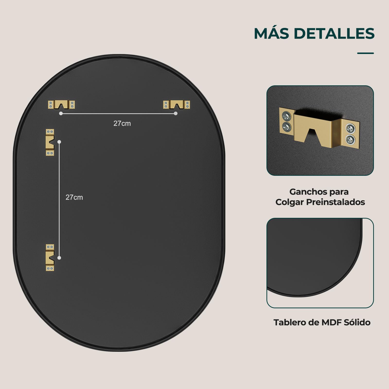 Dripex Espejo Ovalado Pared, con Marco de Aluminio, Espejo Redondo Pared Decorativo para Salón Recibidor Tocador y Baño, 50x70 cm, Negro