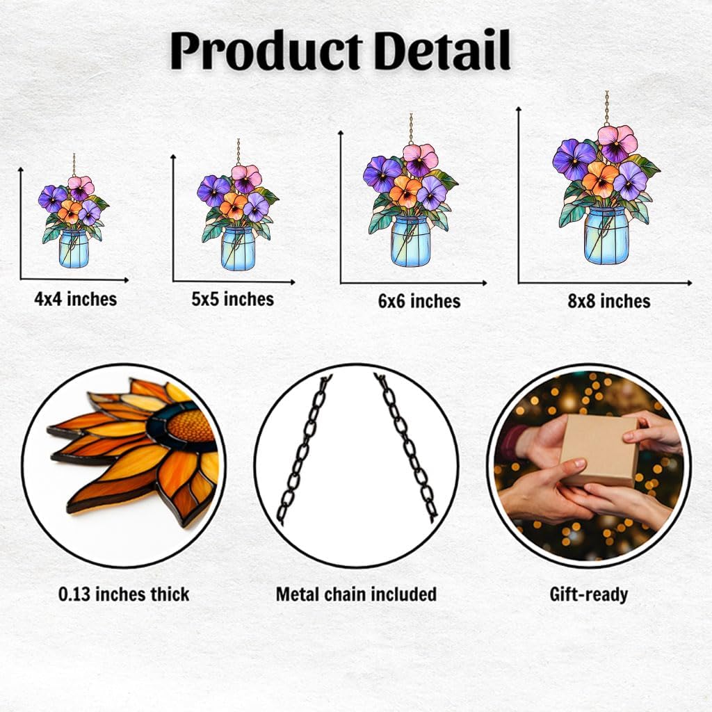 Purple Pansy Flowers Vase Art Acrylic Suncatcher Stained Glass Effect Window Car Hanging Christmas Ornament Indoor Outdoor Decor Garden Sun Catcher Panel for Floral Lover for Mom Women Grandma