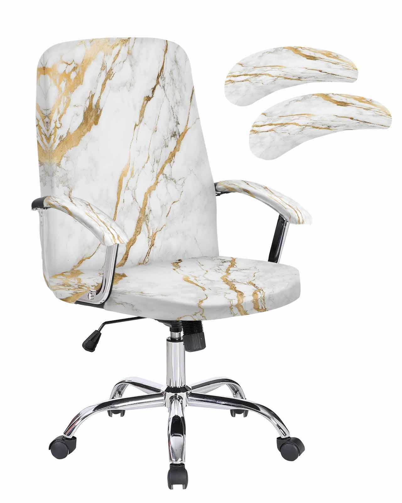 DecorLovee White Gold Office Chair Cover with Armrest Covers & Zipper, Modern Abstract Marble Geometric Spandex Computer Chair Covers, Universal