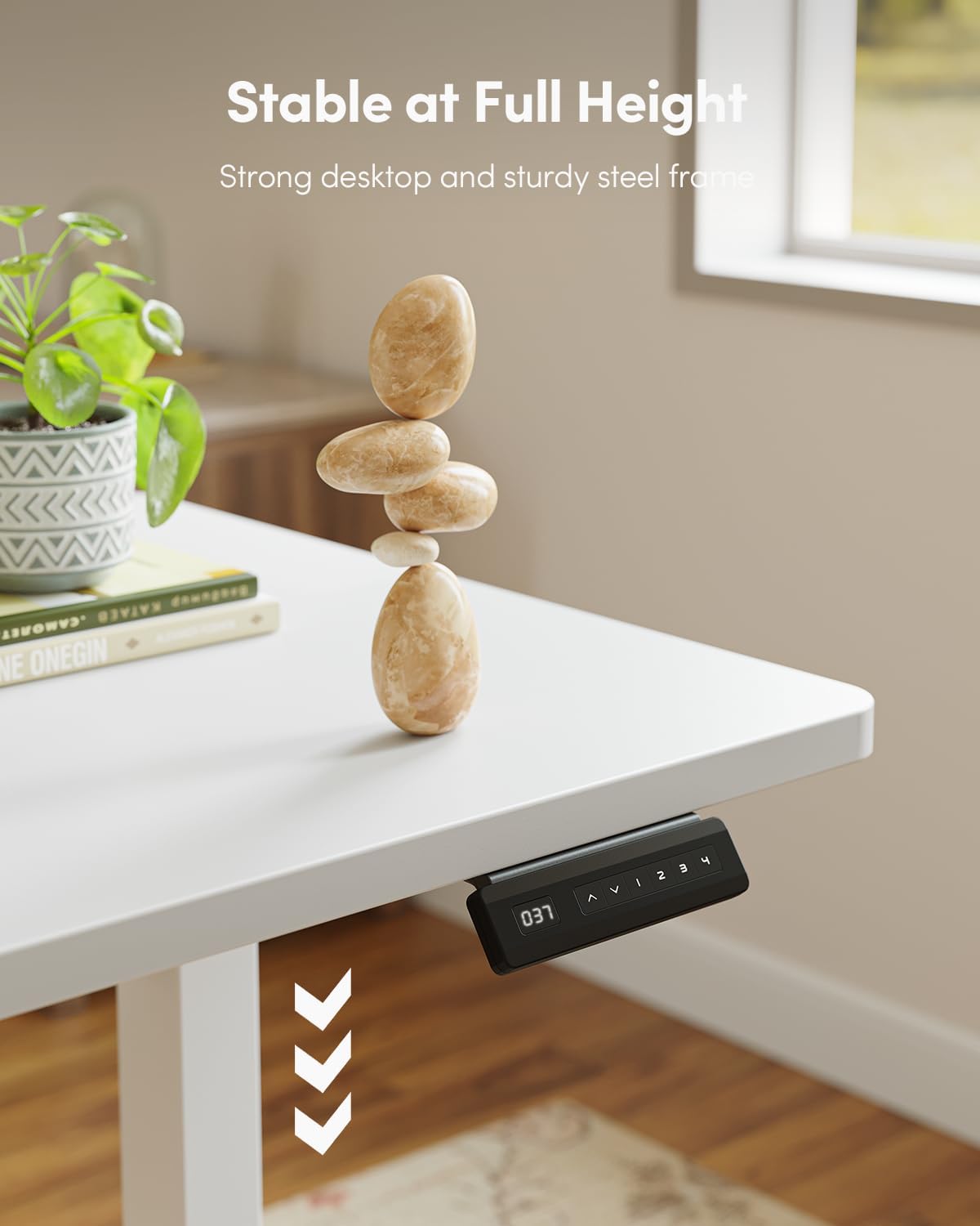 CubiCubi 32 x 20 Small One-Piece Standing Desk, Adjustable Height Electric Computer Sit Stand up Home Office Workstation, with 4 Memory Presets, Headphone Hook, White