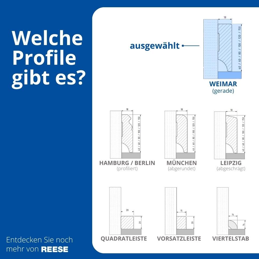REESE Massivholz-Sockelleisten | Eiche roh geschliffen | Weimarer Profil | 100mm Höhe | 1 Stück | 2,3lfm