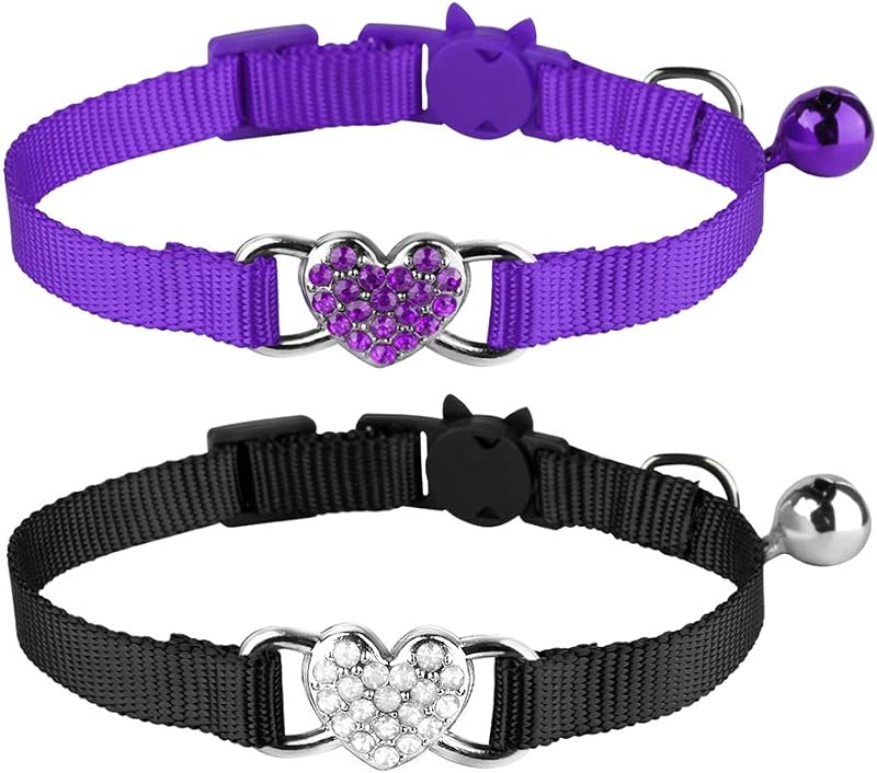 Coleira Ajustável para Gatos com Coração Decorativo, Guizo e Fecho Breakaway Mtliepte, Preto e Roxo, Pacote com 2