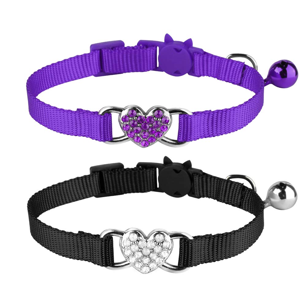 2 Pcs Cat Collars Heart Bling Breakaway with Bell Nylon Adjustable for Kitty(Black+Purple)