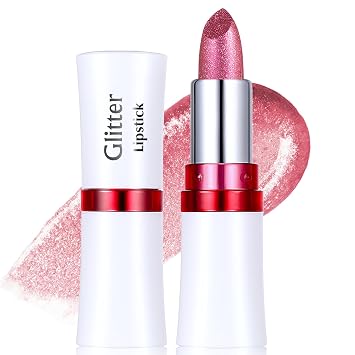 Mauve Pink Lipstick, Glitter Lipstick Metallic Shine Shimmer Finish Long Lasting Sparkle Lip Color High Pigmented Lightweight Non-Sticky for Women Daily/Festival Mermaid Makeup