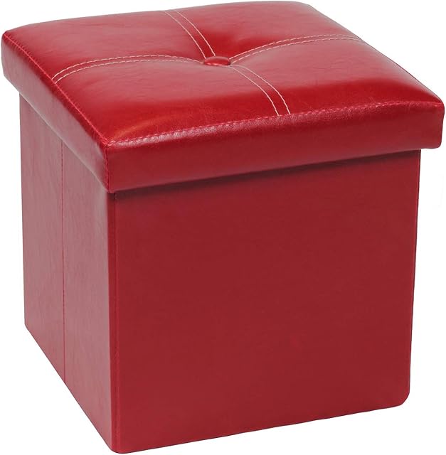 Bonlife Red Small Storage Ottoman Box Faux Leather Foot Rest Stool Folding Cube Footstool Toy Box for Kids for Living Room Space Saving 30x30x30cm