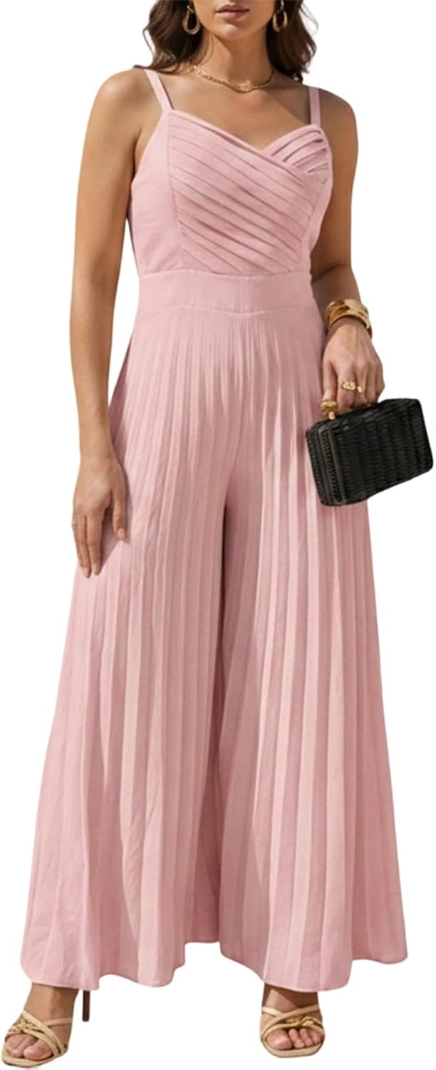 CHICME Flowy Pleated Jumpsuits for Women Smocked Sleeveless Spaghetti Strap Long Rompers Summer Wide Leg Jumpsuit