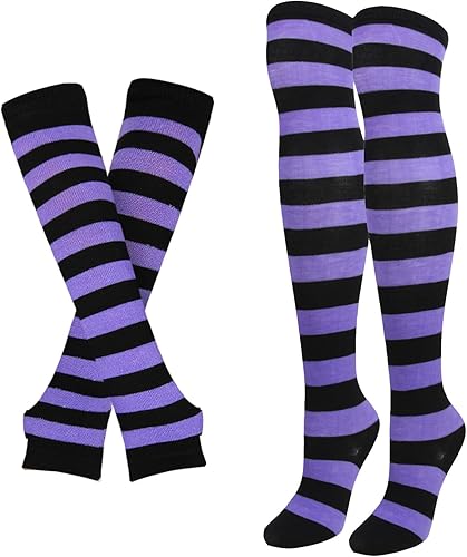 Miniatura 6 de Benefeet Sox Calcetines altos hasta el muslo a rayas para mujeres y niñas, calcetines altos por encima de la rodilla, calentador de piernas, brazos