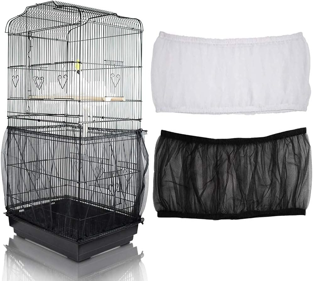 ASOCEA 2 Pieces Bird Cage Seed Catcher,Universal Bird Cage Cover,Adjustable Parrot Cage Nylon Mesh Netting Birdcage Skirt for 78.7Inch Round Square Cages Black&White (Not Include Birdcage)
