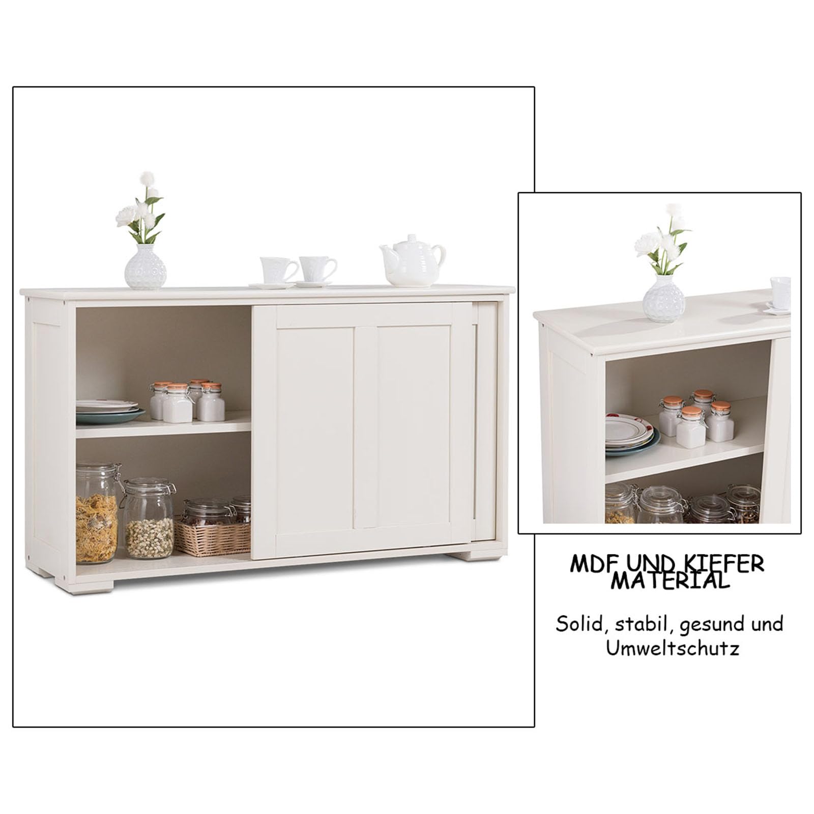 COSTWAY Sideboard, Küchenschrank mit Schiebetüren & verstellbarem Ablage, Buffetschrank Aufbewahrungsschrank, Beistellschrank für Küche, Esszimmer, Wohnzimmer, Holz, 107 x 33 x 60 cm, Weiß