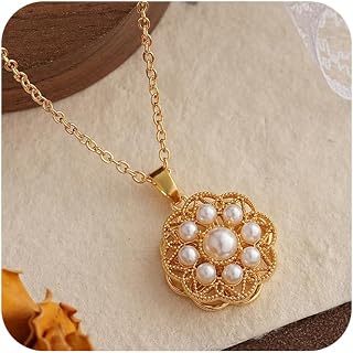 Dainty 14K Gold Plated Simulated Pearl Small Beads Daisy Rotating Fidget Pendant Necklaces for Women Sunflower Circular Pendant Clavicle Chain for Bride Bridesmaids Prom Jewelry Wedding Gifts(8#)
