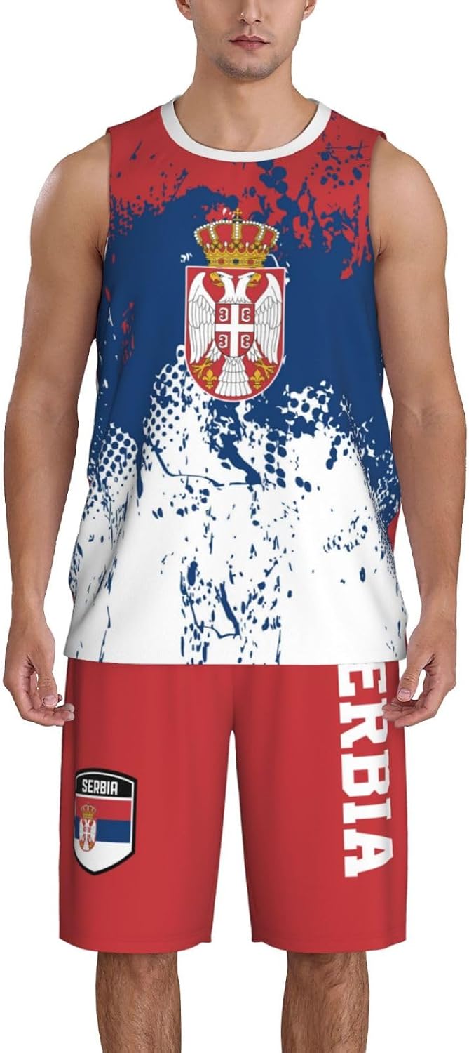 Serbia Flag Grain Basketball Jersey Uniform Suit for Men Adults Training Athletic Set