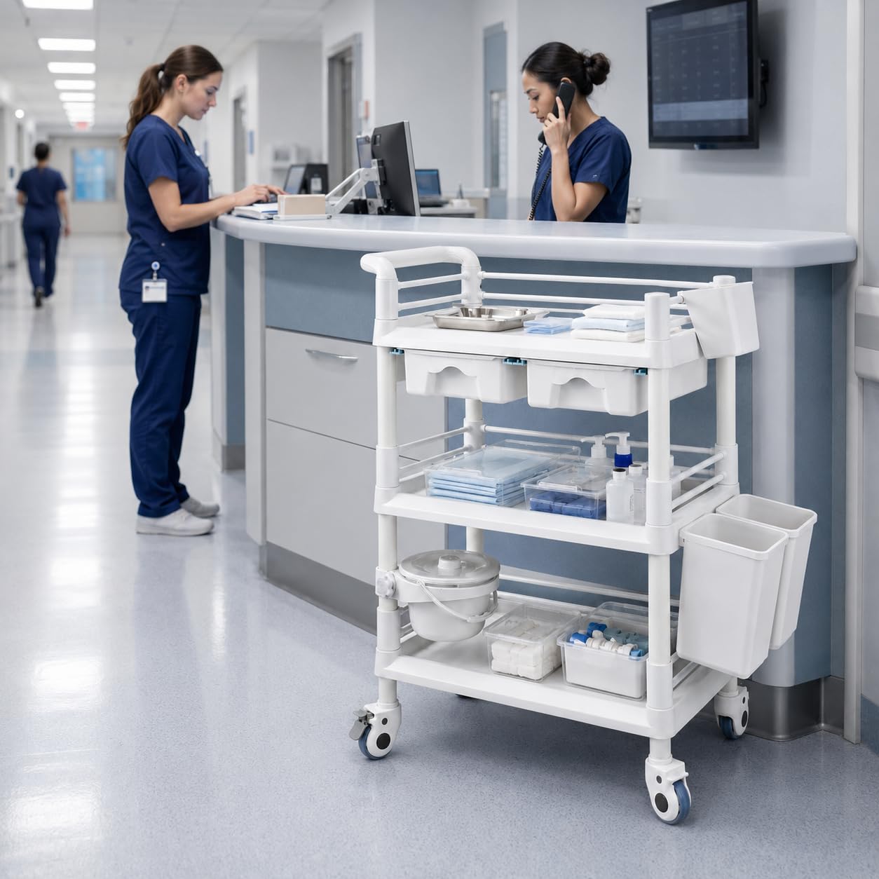 Chariot utilitaire médical avec tiroirs, chariot d'esthétique à 3 niveaux avec roulettes pour salon de beauté, spa, hôpital, bureau, laboratoire - Blanc
