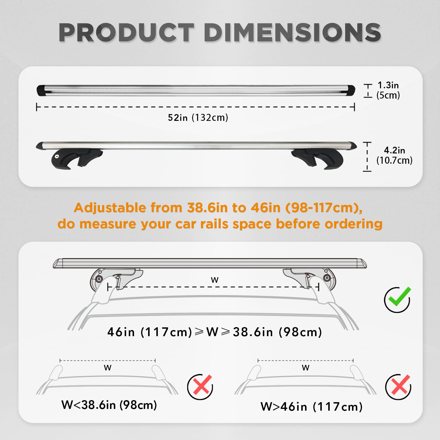 TANX Roof Rack Cross Bars with 4 Anti-Theft Locks | Heavy-Duty Universal Roof Rack (200lbs Capacity) | Universal Cross Bars That Fit Most Raised Side Rails Vehicles/SUVs (with Gap Design)